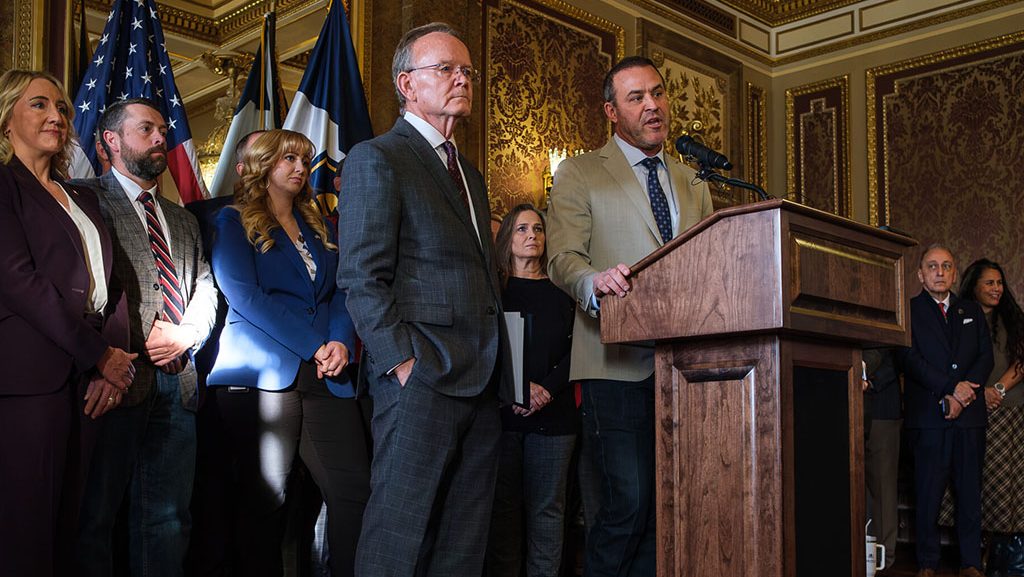 Senate President Stuart Adams, R-Layton, and House Speaker Mike Schultz, R-Hooper, talk to reporters during a press conference at the Utah Capitol in Salt Lake City on Nov. 25, 2025. (Photo by Marco Lozzi for Utah News Dispatch)
