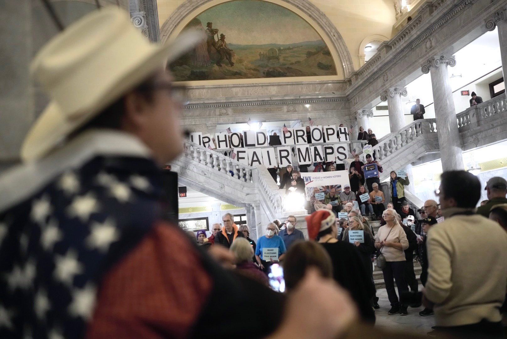 Protesters rally in support of Proposition 4 in the rotunda of the Utah State Capitol in Salt Lake City on Tuesday, Dec. 9, 2025. (Photo by Spenser Heaps for Utah News Dispatch)